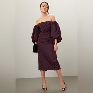 Tanya Taylor Charlotte Puff Sleeve Off The Shoulder Midi Dress Size 4 Plum